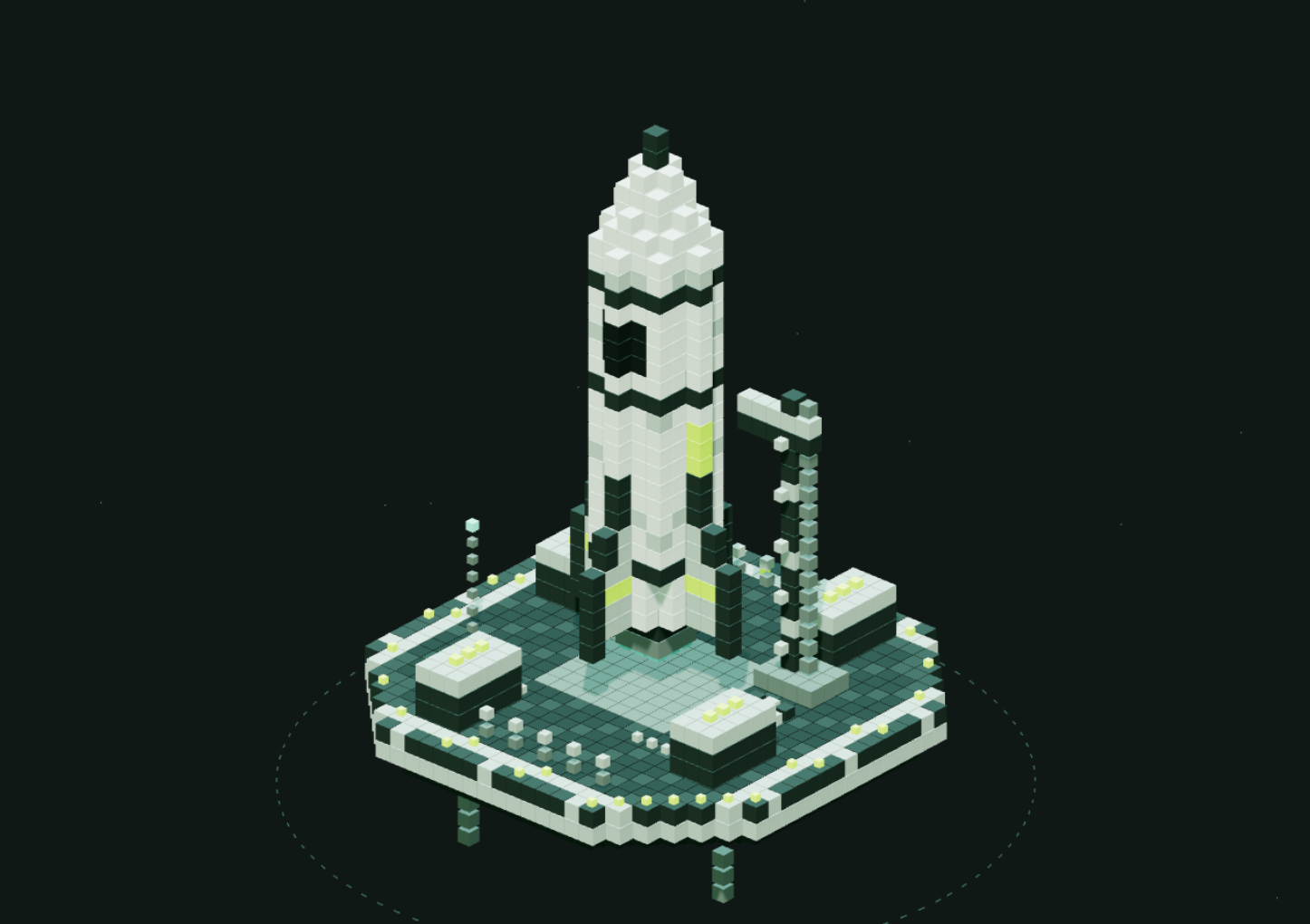 Ảnh xem trước bệ phóng voxel: tên lửa bạc, bệ cơ khí nổi và đèn năng lượng xanh.